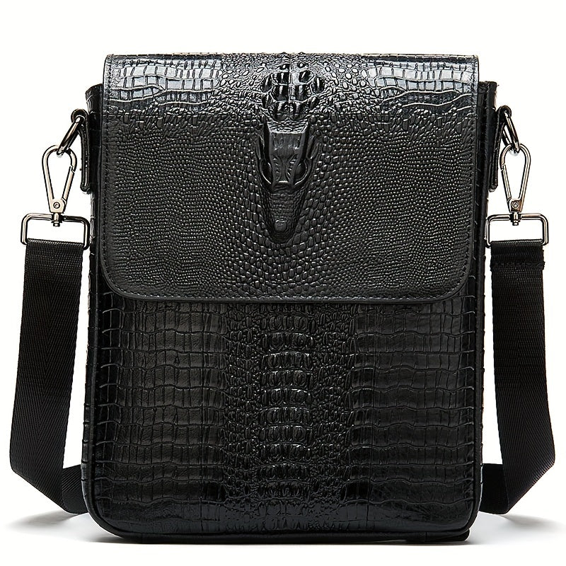 Vintage Genuine Leather Shoulder Bag, Crocodile Pattern Crossbody Bag